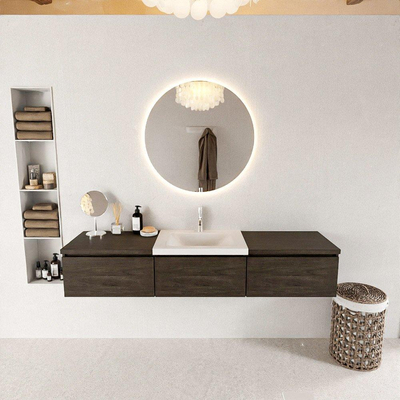 MONDIAZ BUKLA 180cm badmeubel met module 60 kleur Dark Brown met 3 lades. Wastafel CLOUD midden 1 kraangat kleur Talc.