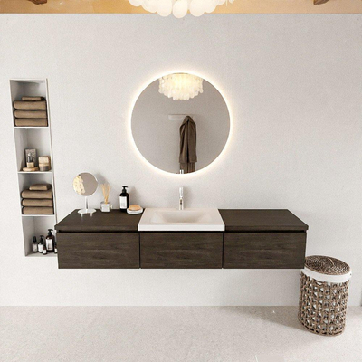 Mondiaz bukla ensemble de meubles de salle de bain 180x45x34cm 1 trou pour robinetterie lavabo milieu surface solide talc sans poignée 3 tiroirs avec softclose mélamine marron foncé