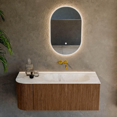 MONDIAZ KURVE-DLUX 115cm Meuble salle de bain avec module 25 G - couleur Walnut - 1 tiroir - 1 porte - vasque BIG SMALL droite - sans trou de robinet - couleur Frappe