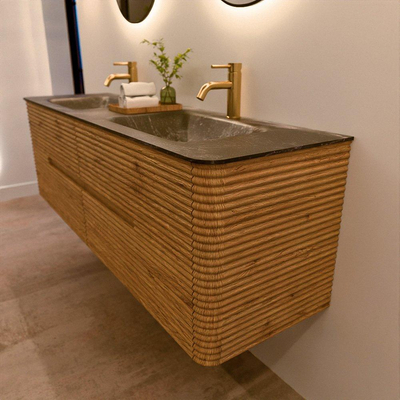 Mondiaz CIRO-DLUX Badkamermeubelset - 160x45x50cm - Solid surface wastafel Lava - 2 wasbak Dubbel - 2 kraangaten - 4 lades - Oak