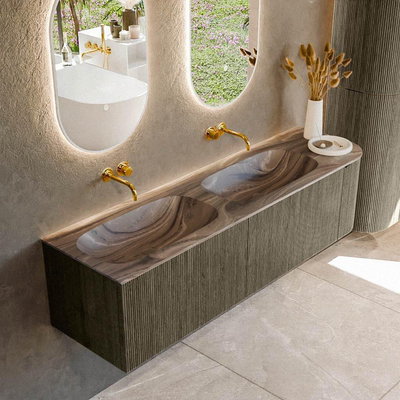 MONDIAZ KURVE-DLUX 165cm meuble de salle de bains arrondi Droite couleur Shadow avec 2 tiroirs et 1 porte. Lavabo STOR SMALL Double / Gauche sans trou de robinet Sombra.