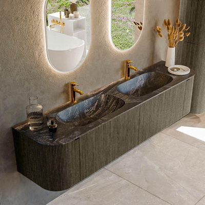 Mondiaz KURVE-DLUX Badkamermeubelset - 190x46x40cm - 2 lade - 2 deuren - wastafel solid surface - dubbel - 2 kraangaten - Shadow