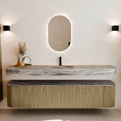 MONDIAZ THOR-DLUX Meuble de salle de bains - 200cm - arrondi gauche + droite - couleur Dusk - 2 tiroirs - 2 portes - Vasque suspendue CLOUD Milieu 1 trou de robinet couleur Sombra