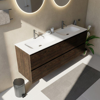 Saniclass Holz Pure Ensemble de meubles de salle de bains - 160x45x61.5cm - Flow lavabo en solid surface blanc - 2 vasques - 2 trous de robinetterie - 4 tiroirs - chêne charcoal mat (bois)