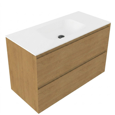 Saniclass Holz Pure Ensemble meuble de salle de bains - 100x45x61.5cm - lavabo Flow en solid surface blanc - 1 vasque - sans trou de robinet - 2 tiroirs - chêne natural mat (bois)