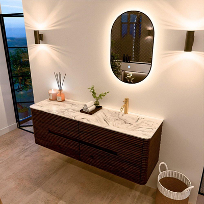 Mondiaz CIRO-DLUX Badkamermeubelset - 150x45x50cm - Solid surface wastafel Glace - 1 wasbak Rechts - 1 kraangat - 4 lades - Walnut