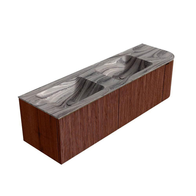 MONDIAZ KURVE-DLUX Meuble de salle de bains 155cm arrondi à droite couleur Ruby avec 2 tiroirs et 1 porte. Lavabo LEAF Double / Gauche sans trou de robinet Sombra.