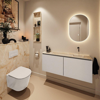 MONDIAZ TURE-DLUX Meuble de toilettes 120 cm Linen. Lavabo EDEN Frappe position droite. Sans trou de robinet.