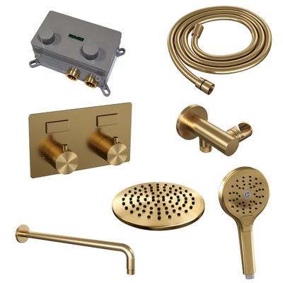 BRAUER Gold Edition Douche de tête thermostatique encastrée - boutons poussoirs - SET 57 - pomme de douche 20cm - bras mural courbé - douchette 3 jets - flexible de douche - coude de raccordement mural - or brossé PVD