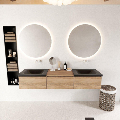 MONDIAZ BUKLA meuble de salle de bain 180 cm avec module 60 couleur Chêne blanchi avec 3 tiroirs. Lavabo CLOUD double 0 trou de robinet couleur Urbaine.