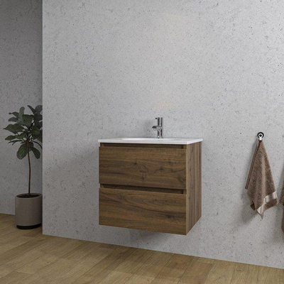 Saniclass Chaci Meuble de salle de bain - 60x45x55cm - lavabo en céramique brillant blanc - 1 vasque - 1 trou de robinet - 2 tiroirs - noyer