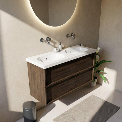 Saniclass Holz Frame Ensemble meuble de salle de bains - 120x45x63.5cm - lavabo en céramique Palermo blanc - 2 vasques - sans trous de robinetterie - 2 tiroirs - chêne charcoal mat (bois)