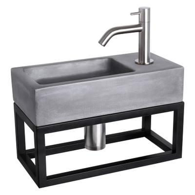 Differnz Ravo kit lave-mains - 38.5x18.5x25cm - Rectangulaire - 1 trou de robinet - Robinet courbé en chrome mat - avec cadre noir - béton gris foncé