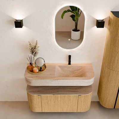 MONDIAZ THOR-DLUX 110cm badmeubel ronding links + rechts kleur Oak met 1 lade en 2 deuren. Vrijhangende wastafel CLOUD Rechts 1 kraangat kleur Saba.