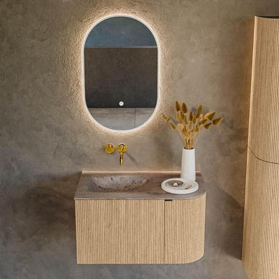 MONDIAZ KURVE-DLUX Meuble de salle de bains 75cm arrondi à droite couleur Oak avec 1 tiroir et 1 porte. Lavabo GRUNNE à gauche sans trou de robinet Oza.