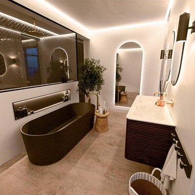 Mondiaz CIRO-DLUX Meuble de salle de bains - 130x45x50cm - plan-vasque solid surface Opalo - 2 bacs Double - sans trous de robinetterie - 4 tiroirs - Noyer