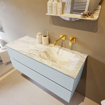 Mondiaz VICA-DLUX Ensemble de meuble de salle de bain - 120cm - meuble sous-vasque argile - 2 tiroirs - lavabo encastré nuage droite - sans trous de robinet - version haute 60cm - glace