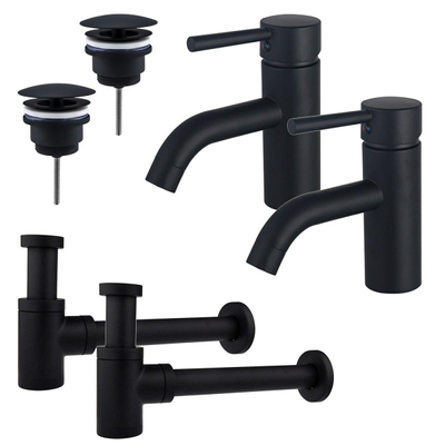 FortiFura Calvi Kit robinet lavabo - pour double vasque - robinet bas - bonde non-obturable - siphon design bas - Noir mat