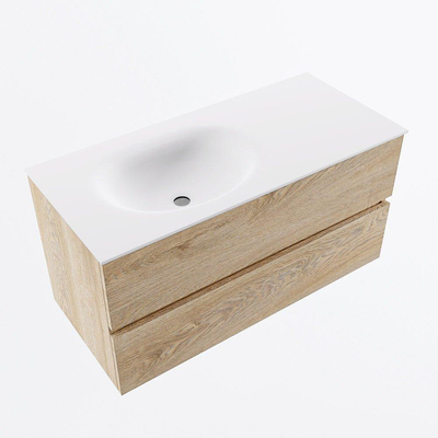 Mondiaz VICA Ensemble de meuble de salle de bain - 100cm - meuble sous-vasque chêne blanchi - 2 tiroirs - lavabo lune gauche - 1 trou de robinet - version haute 60cm - talc