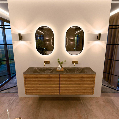Mondiaz CIRO-DLUX Badkamermeubelset - 160x45x50cm - Solid surface wastafel Lava - 2 wasbak Dubbel - zonder kraangaten - 4 lades - Oak