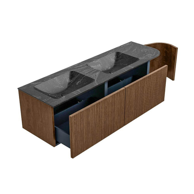 MONDIAZ KURVE-DLUX 155cm Meuble salle de bain avec module 25 D - couleur Walnut - 2 tiroirs - 1 porte - vasque LEAF double / gauche - sans trou de robinet - couleur Lava