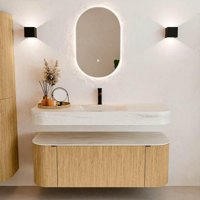 MONDIAZ THOR-DLUX 130cm badmeubel ronding links + rechts kleur Oak met 1 lade en 2 deuren. Vrijhangende wastafel CLOUD Midden 1 kraangat kleur Meli.