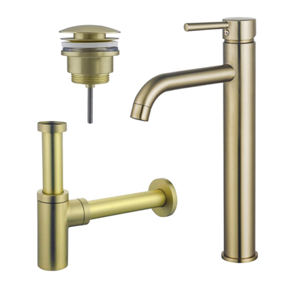 FugaFlow Eccelente Sobrado Kit mitigeur lavabo - robinet rehaussé - bonde clic clac - siphon design - PVD Laiton brossé