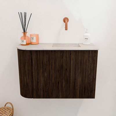 Mondiaz JOYA-DLUX 61.6cm toiletmeubel - ronding links kleur Walnut - Wastafel FAYE positie Rechts Zonder kraangat kleur Ostra.