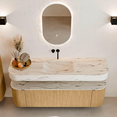 MONDIAZ THOR-DLUX 160cm badmeubel ronding links + rechts kleur Oak met 1 lade en 2 deuren. Vrijhangende wastafel CLOUD Midden zonder kraangat kleur Nata.