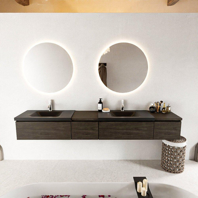 MONDIAZ BUKLA 240cm ensemble de meuble avec module 40 gauche couleur Marron Foncé avec 4 tiroirs. Lavabo CLOUD double 2 trous de robinet couleur Urban.