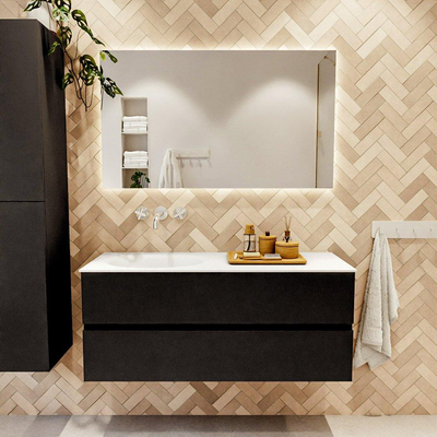 MONDIAZ VICA meuble sous lavabo 120cm Urban 2 tiroirs. Lavabo MOON gauche sans trou de robinet, couleur Talc.