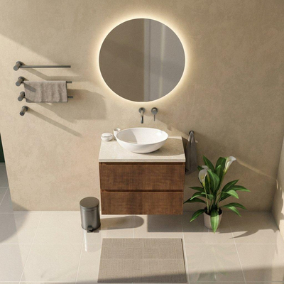 Saniclass Holz Atelier Ensemble de meuble de salle de bains - 80x45x63cm - Plan en pierre naturelle travertin - sans trou de robinetterie - 2 tiroirs - noyer pure mat (bois)