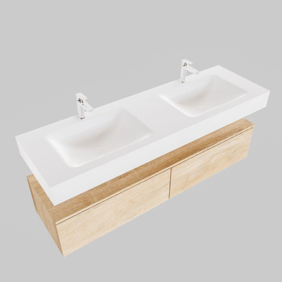 Mondiaz ALAN Meuble Washed oak avec 2 tiroirs 150x30x41cm vasque Cloud suspendue gauche et droite 2 trous de robinet Solid Surface Talc