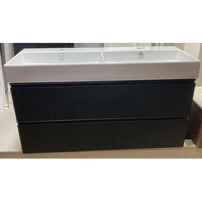 Saniclass Prime Blend Wastafelonderkast - 120x55x45.9cm - 2 lades - geintegreerde greep - MDF - mat zwart - incl. INK unlimited wastafel 2 wasbakken - 2 kraangaten - porselein wit - OUTLET UDEN