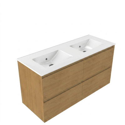 Saniclass Holz Pure Meuble de salle de bain - 120x45x60cm - lavabo en céramique blanc - 2 vasques - sans trous de robinet - 4 tiroirs - Chêne Natural
