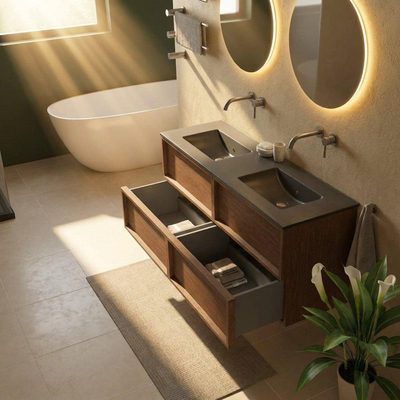 Saniclass Holz Frame Ensemble meuble de salle de bains - 140x45x62cm - lavabo Vygo en céramique noir - 2 vasques - sans trous de robinetterie - 4 tiroirs - mat walnut pure (bois)