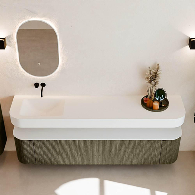 MONDIAZ THOR 200cm meuble de salle de bains arrondi gauche + droite couleur Shadow avec 2 tiroirs et 2 portes. Vasque suspendue CLOUD Gauche sans trou de robinet couleur Talc.