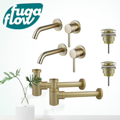 FugaFlow Eccelente Sobrado Badkamer Slim Wastafelkraanset - voor dubbele wastafel - inbouw wastafelkraan - klikwaste plug - verlaagde design sifon - PVD Geborsteld Messing