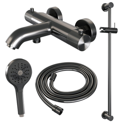 Brauer Gunmetal Carving Robinet baignoire thermostatique avec barre de baignoire/douche et douchette ronde 3 jets Gunmetal brossé PVD