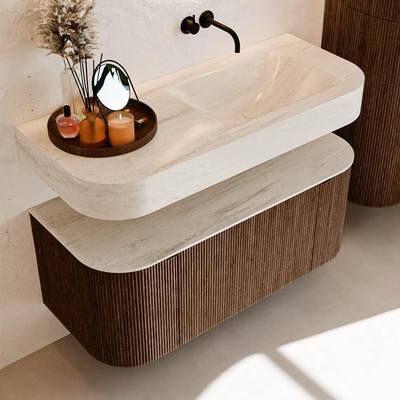 MONDIAZ THOR-DLUX 110cm badmeubel ronding links + rechts kleur Walnut met 1 lade en 2 deuren. Vrijhangende wastafel CLOUD Rechts zonder kraangat kleur Meli.