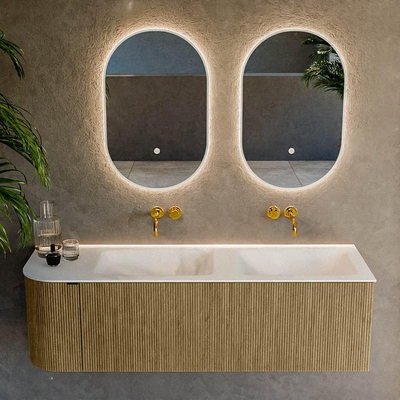 Mondiaz KURVE Ensemble de meuble salle de bain - 145x46x40cm - 1 tiroir - 1 porte - lavabo en solid surface - double / droite - sans trou de robinet - Dusk
