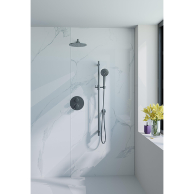 Fortifura Calvi Inbouw Regendoucheset - rond - thermostatisch - wandarm - glijstang - 25cm - hoofddouche - handdouche rond - gladde doucheslang - PVD - geborsteld gunmetal (antraciet)