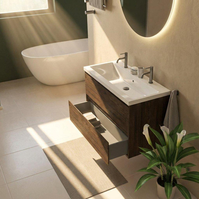 Saniclass Holz Pure Ensemble de meubles de salle de bains - 100x45x63.5cm - lavabo en céramique Bari blanc - 1 vasque - 2 trous de robinet - 2 tiroirs - chêne charcoal mat (bois)
