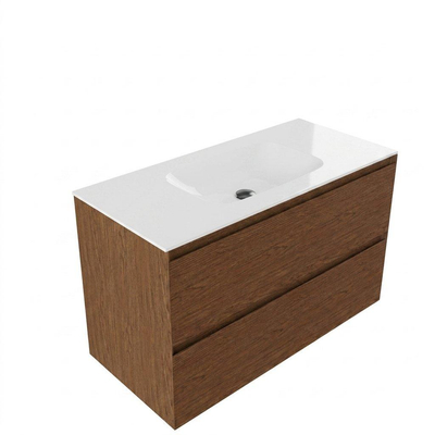 Saniclass Holz Pure Ensemble meuble salle de bains - 100x45x61.5cm - lavabo Flow en solid surface blanc - 1 vasque - sans trou de robinet - 2 tiroirs - noyer pure mat (bois)
