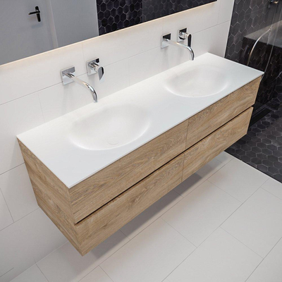 Mondiaz VICA ensemble de meuble de salle de bain - 150cm - meuble sous-vasque chêne blanchi - 4 tiroirs - lavabo Moon double - sans trous de robinet - version XL 60cm de haut