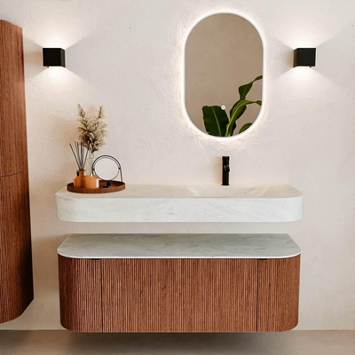 MONDIAZ THOR-DLUX 130cm meuble de salle de bains arrondi gauche + droite couleur Ruby avec 1 tiroir et 2 portes. Vasque suspendue CLOUD Droite 1 trou de robinet couleur Opalo.