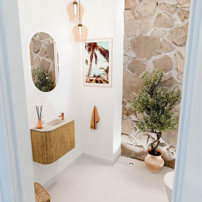 Mondiaz JOYA-DLUX 51.6cm toiletmeubel - ronding links kleur Oak - Wastafel FAYE positie Rechts 1 kraangat kleur Frappe.