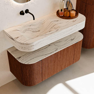 MONDIAZ THOR-DLUX 110cm meuble de salle de bains arrondi gauche + droite couleur Ruby avec 1 tiroir et 2 portes. Vasque suspendue CLOUD Gauche sans trou de robinet couleur Nata.