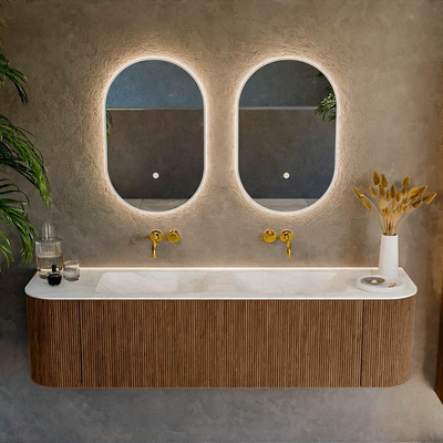 MONDIAZ KURVE-DLUX 170cm Meuble salle de bain avec module 25 G et D - couleur Walnut - 1 tiroir - 2 portes - vasque LEAF double - sans trou de robinet - couleur Opalo