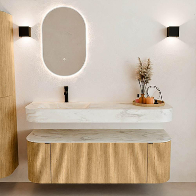 MONDIAZ THOR-DLUX 140cm meuble de salle de bains arrondi gauche + droite couleur Oak avec 1 tiroir et 2 portes. Vasque suspendue CLOUD Gauche 1 trou de robinet couleur Ostra.